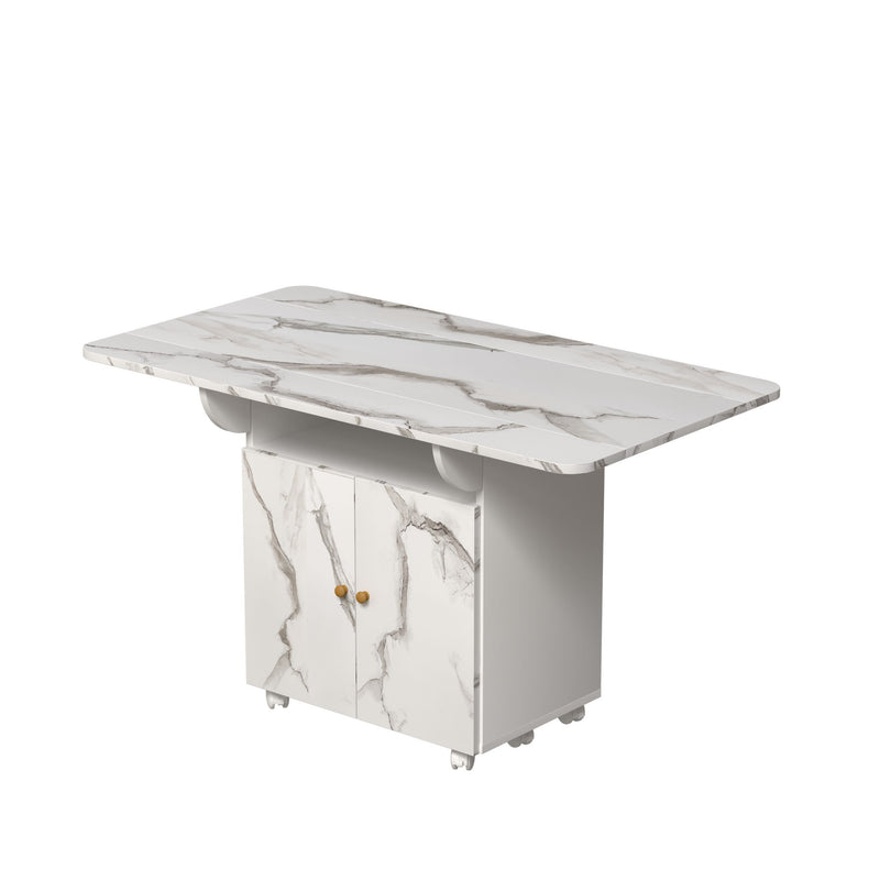 Versatile Marble Folding Dining Table With Storage Rack And Cabinet, 6 Wheels - White
