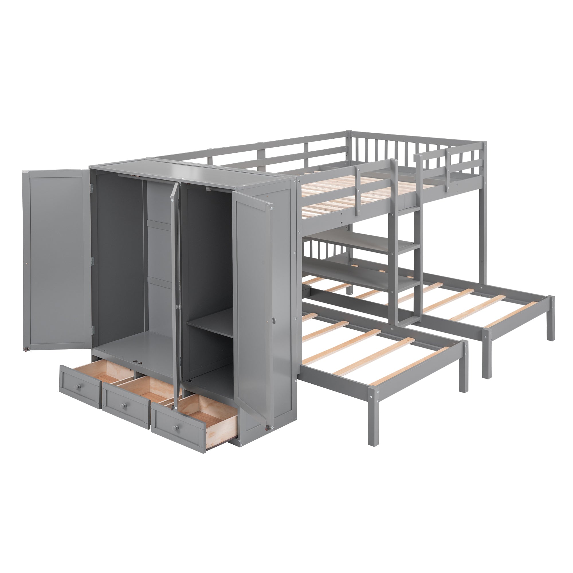 Full-Over-Twin-Twin Bunk Bed with Shelves, Wardrobe and Mirror, Gray - Atlantic Fine Furniture Melbourne FL