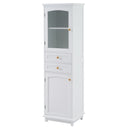 Tall Bathroom Storage Cabinet With Glass Doors, Free-Standing, Two Drawers, And Adjustable Shelves, MDF Board, Painted Perfect For Displaying Your Favorite Items