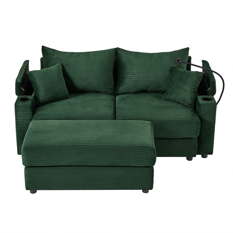 Modern Style Loveseat Sofa Sectional Sofa Couch With Storage Space, A Movable Ottoman, Two USB Ports, Two Cup Holders, A Phone Holder For Living Room