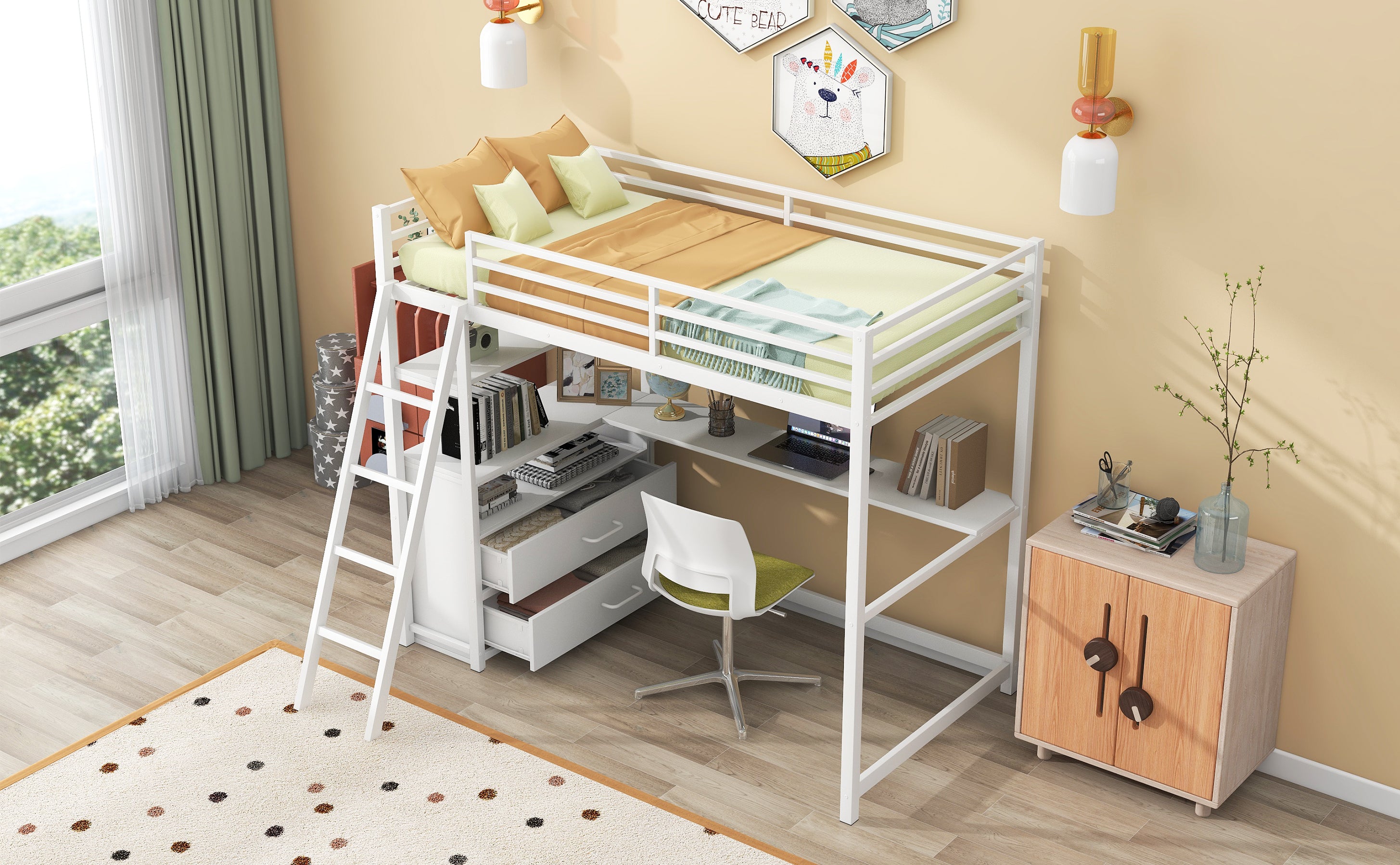 Twin Size Metal&Wood Loft Bed with Desk and Shelves, Two Built-in Drawers, White - Atlantic Fine Furniture Melbourne FL