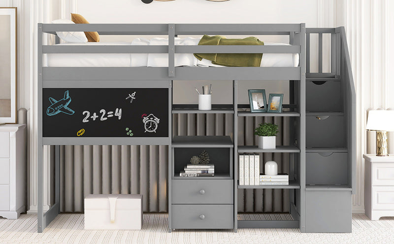 Twin Size Loft Bed with Pullable Desk and Storage Shelves,Staircase and Blackboard,Gray