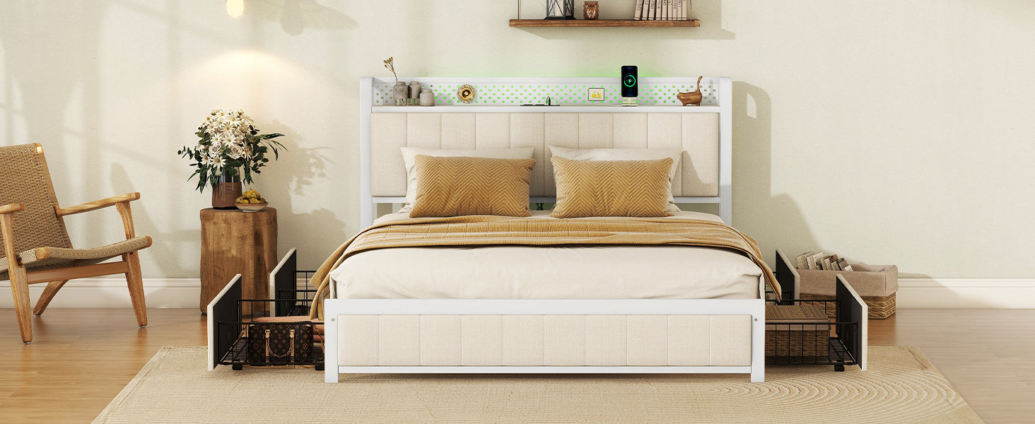 Queen Bed Frame with LED Headboard, Upholstered Bed with 4 Storage Drawers and USB Ports, Beige - Atlantic Fine Furniture Melbourne FL