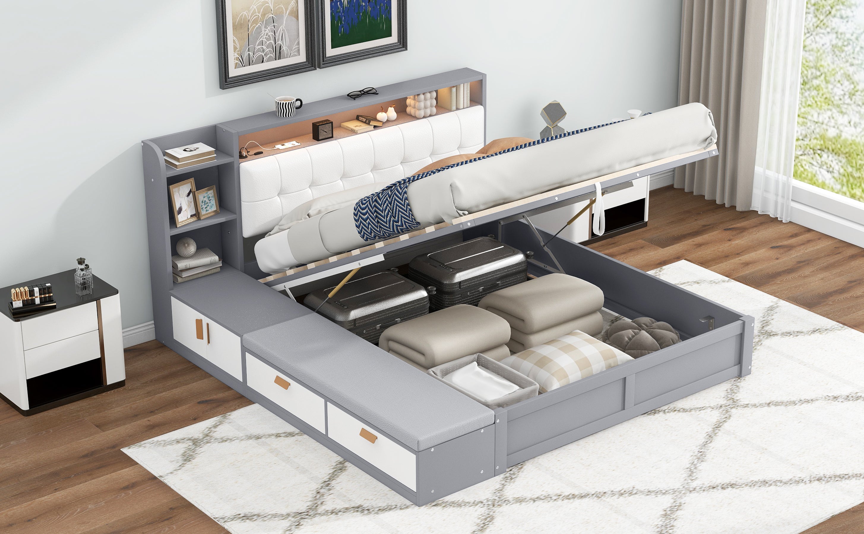 Queen Size Platform Bed Frame with Upholstery Headboard and Storage Shelves and,USB Charging,Gray - Atlantic Fine Furniture Melbourne FL