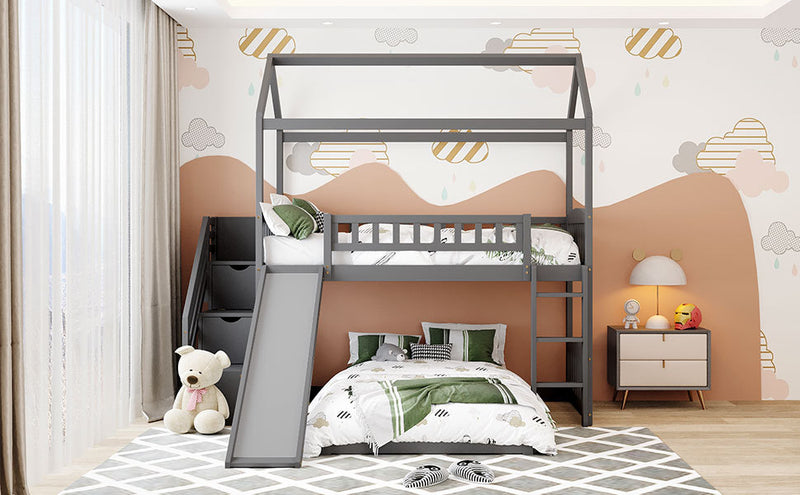 Twin Over Twin Bunk Bed with Two Drawers and Slide, House Bed with Slide, White(OLD SKU :LP000129AAE)