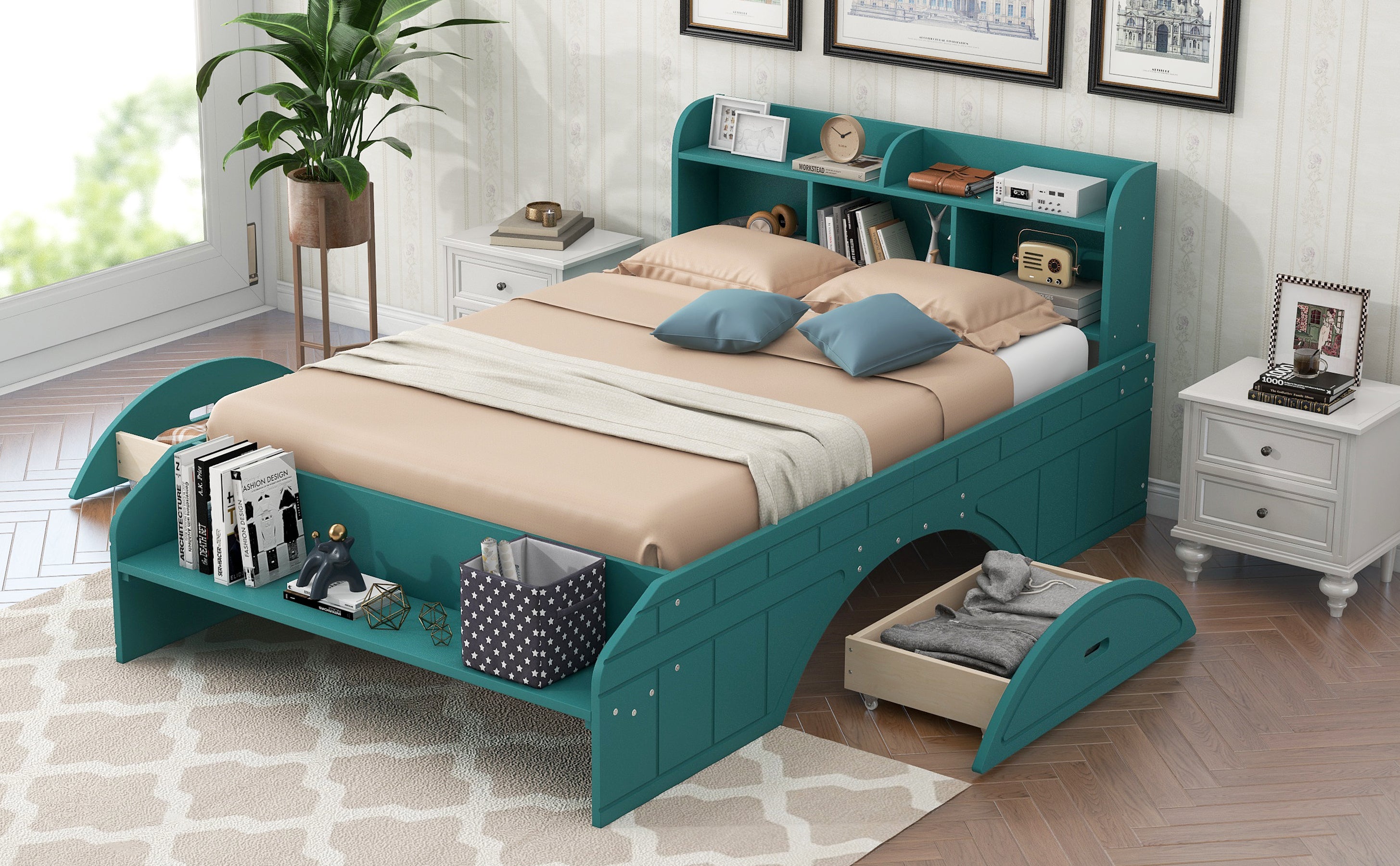 Wood Full Size Platform Bed with 2 Drawers, Storage  Headboard and Footboard, Dark Green - Atlantic Fine Furniture Melbourne FL