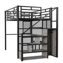 Metal Loft Bed With Wardrobe, Desk, Storage Shelves