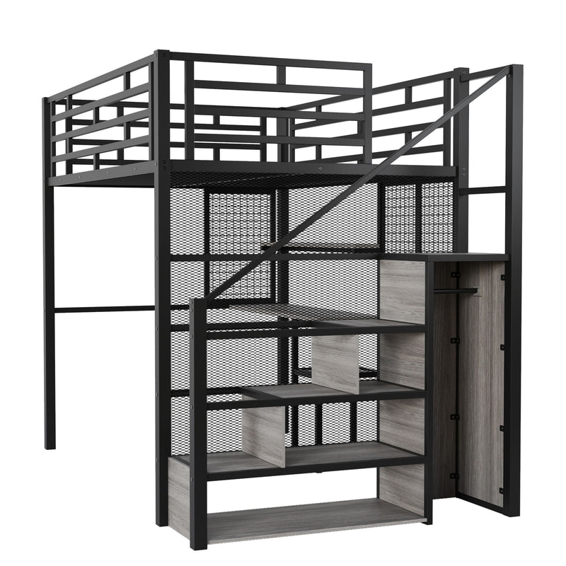 Metal Loft Bed With Wardrobe, Desk, Storage Shelves