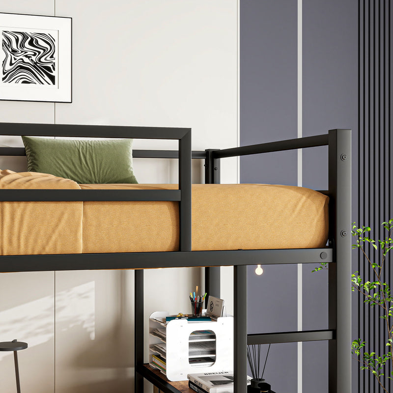 Space Saving Twin Size Loft Bed With L Shaped Desk, Shelves, Charging Station, Led Lights - Brown