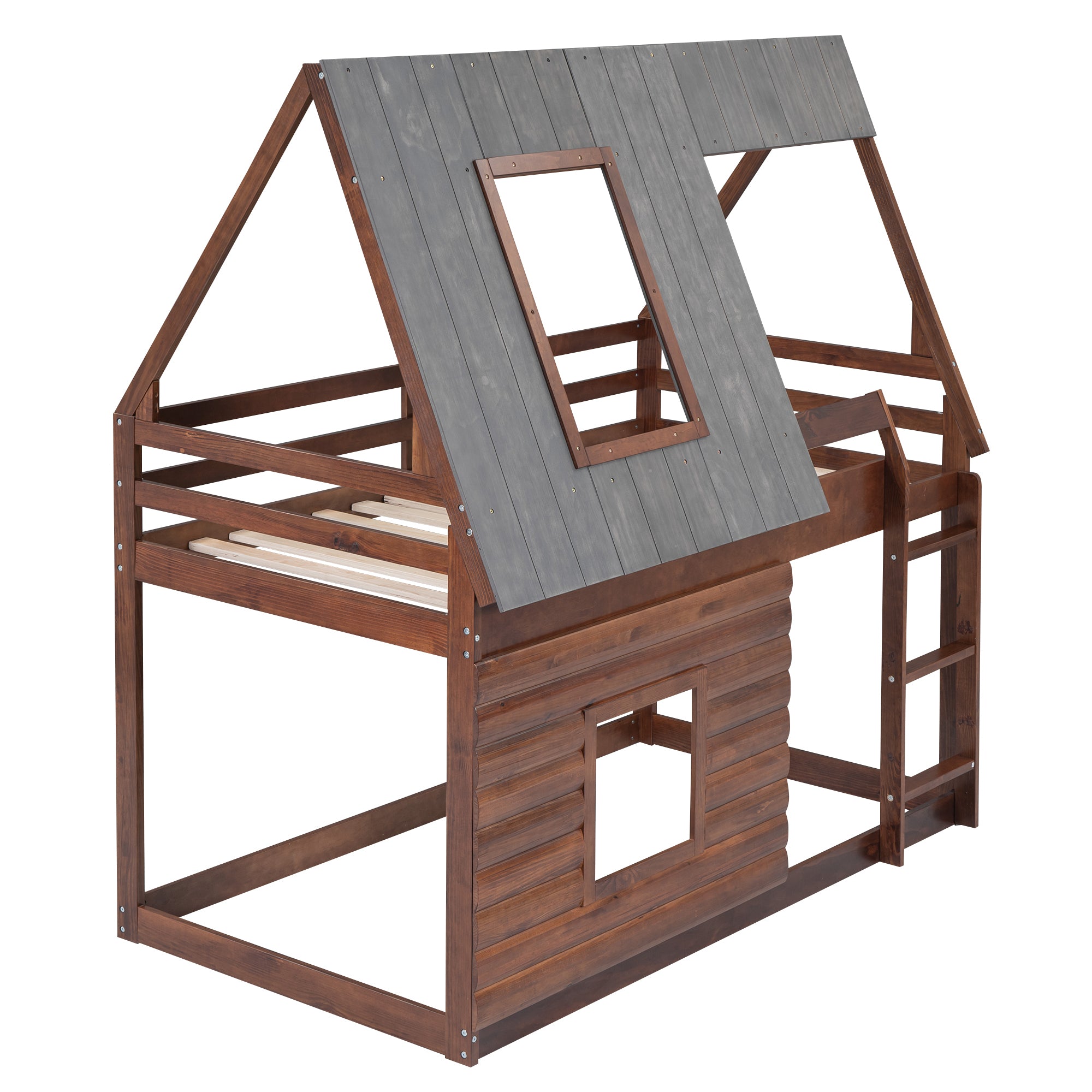 Wood Twin Size House Bunk Bed with Roof, Ladder and 2 Windows, Oak & Smoky Grey - Atlantic Fine Furniture Melbourne FL