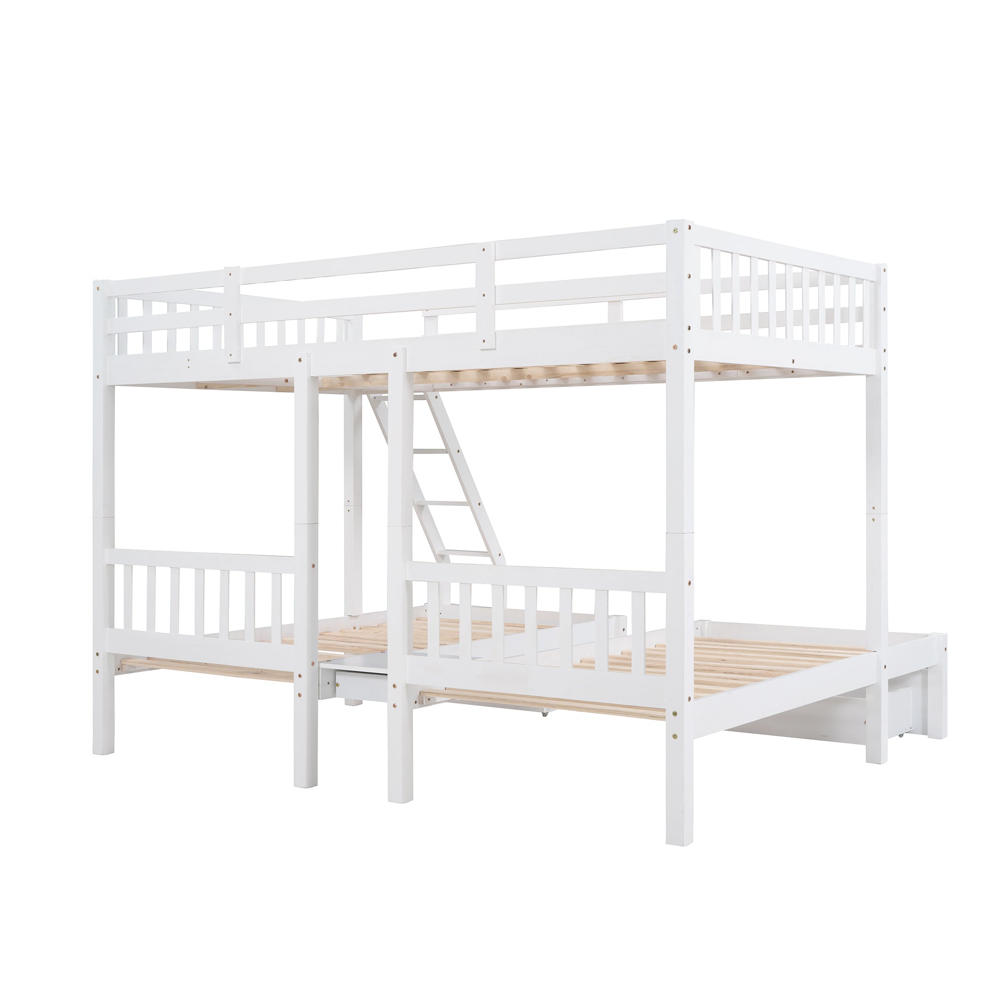 Full Over Twin & Twin Bunk Bed, Wood Triple Bunk Bed with Drawers and Guardrails, White (OLD SKU: LP000143AAK)