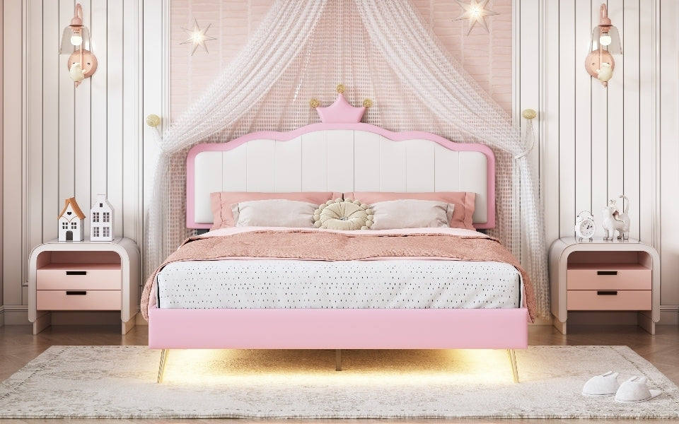 Full size Upholstered Princess Bed With Crown Headboard,Full Size Platform Bed with Headboard and Footboard with Light Strips,Golden Metal Legs, White+Pink - Atlantic Fine Furniture Melbourne FL