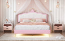Full size Upholstered Princess Bed With Crown Headboard,Full Size Platform Bed with Headboard and Footboard with Light Strips,Golden Metal Legs, White+Pink