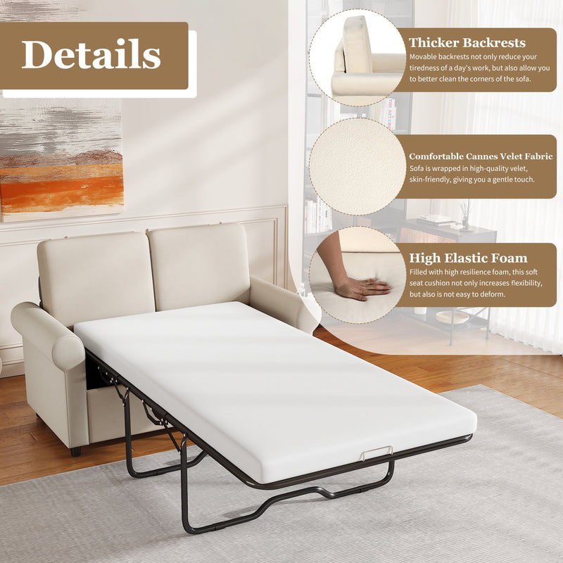 57.4" Pull Out Sofa Bed, Sleeper Sofa Bed With Premium Twin Size Mattress Pad, 2 In 1 Pull Out Couch Bed With Two USB Ports For Living Room, Small Apartment, Beige (Old Sku:Wf296899)