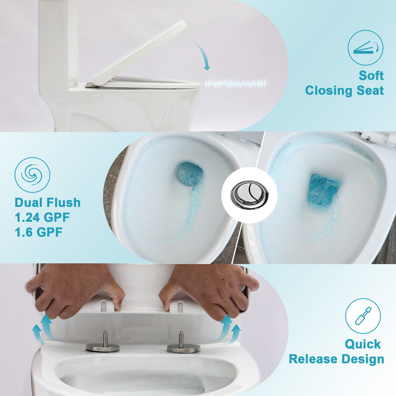 1 Piece Toilet For Bathroom, Dual Flush 1.24 / 1.6 Gpf, Soft Closing Seat - White