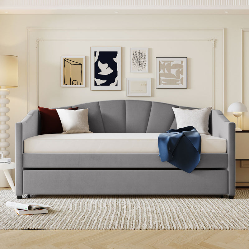 Upholstered Daybed Sofa Bed Twin Size With Trundle Bed and Wood Slat ,Gray