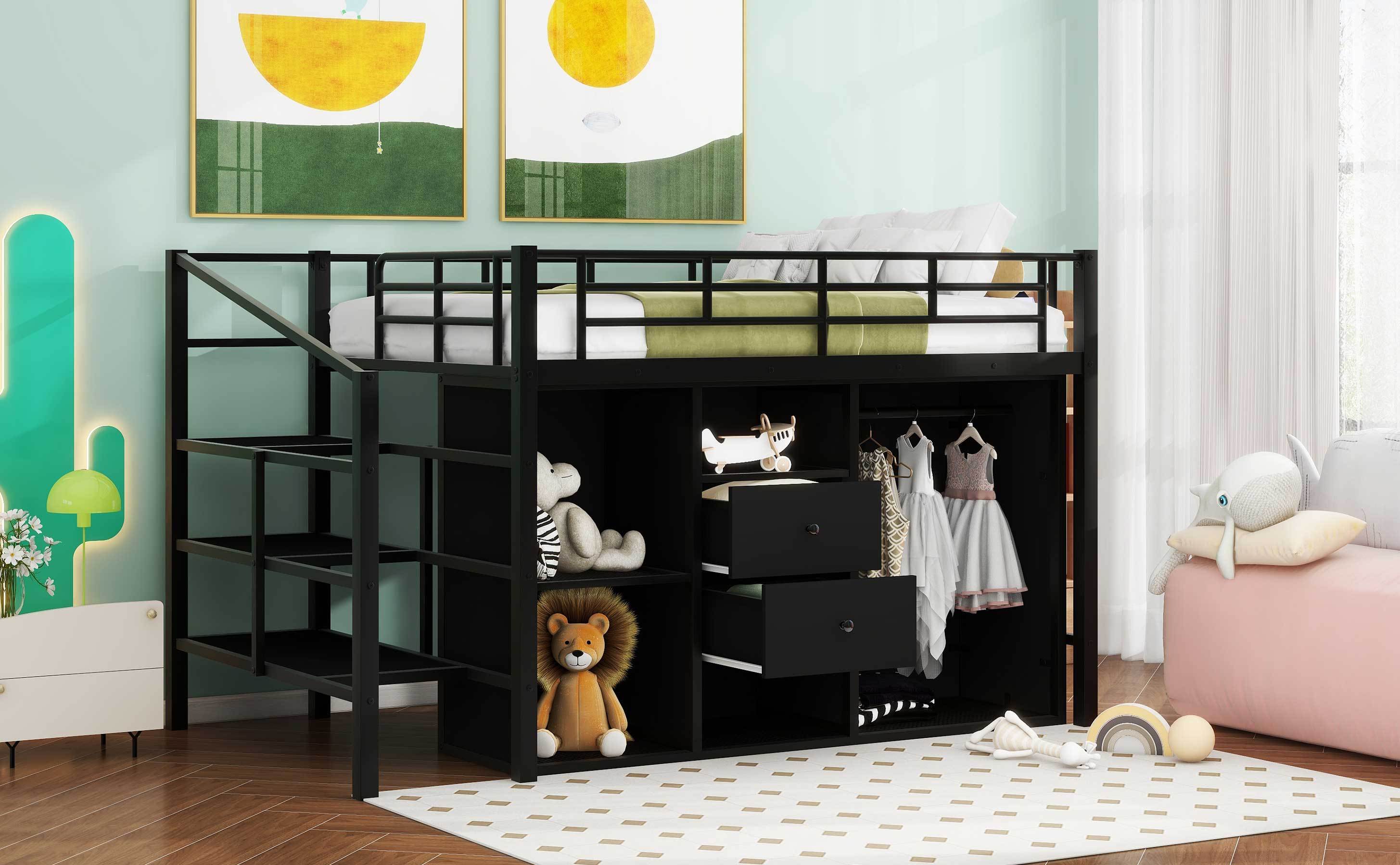 Full Size Metal Loft Bed with Drawers, Storage Staircase and Small Wardrobe - Atlantic Fine Furniture Melbourne FL