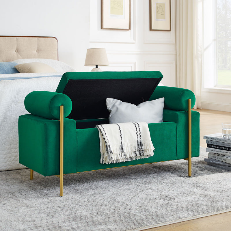 Elegant Upholstered Linen Storage Bench With Cylindrical Arms And Iron Legs, White