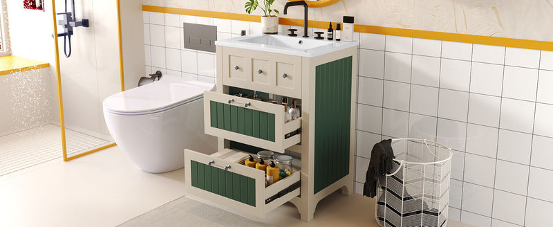 Bathroom Vanity With Ceramic Sink, Bathroom Vanity Cabinet With 2 Drawers, Wooden Bathroom Sink Cabinet - Beige / Green