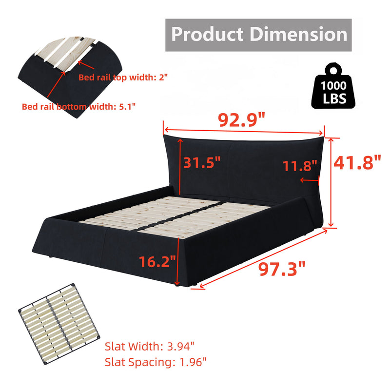 Upholstered Platform Bed With Special Shaped Velvet Headboard