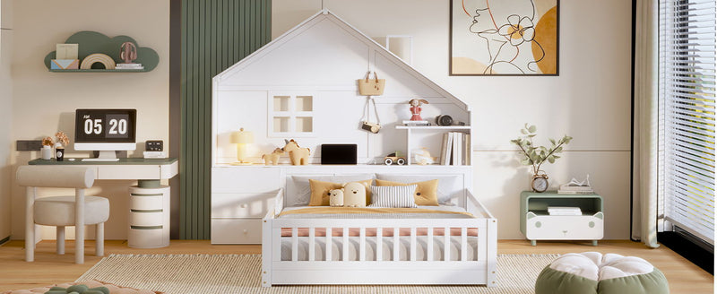 Full Size House Bed With Window And Bedside Drawers, Platform Bed With Shelves And A Set Of Sockets And USB Port - White