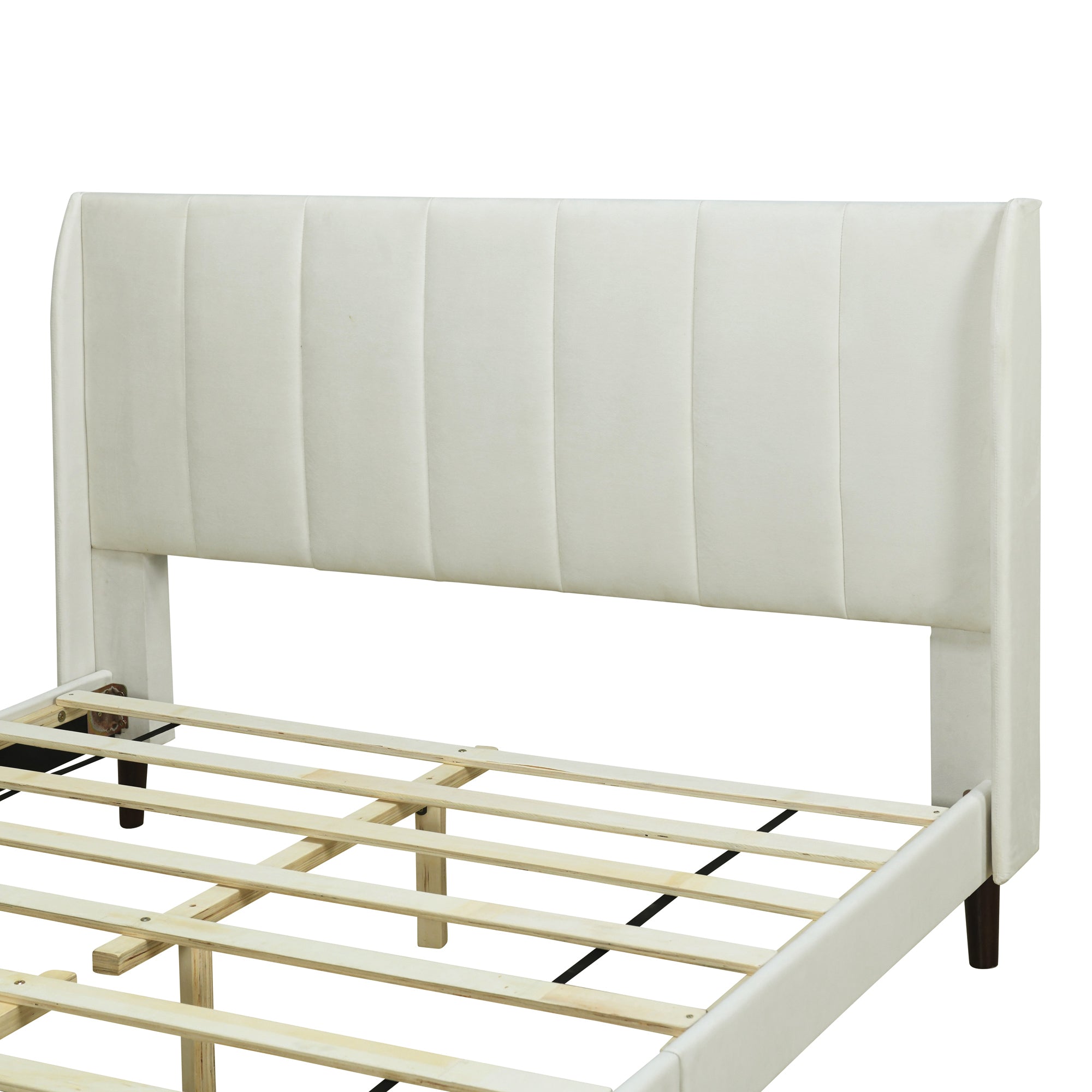 Queen Size Upholstered Platform Bed, Velvet, Beige - Atlantic Fine Furniture Melbourne FL
