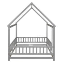Floor Wooden Bed With House Roof Frame, Fence Guardrails
