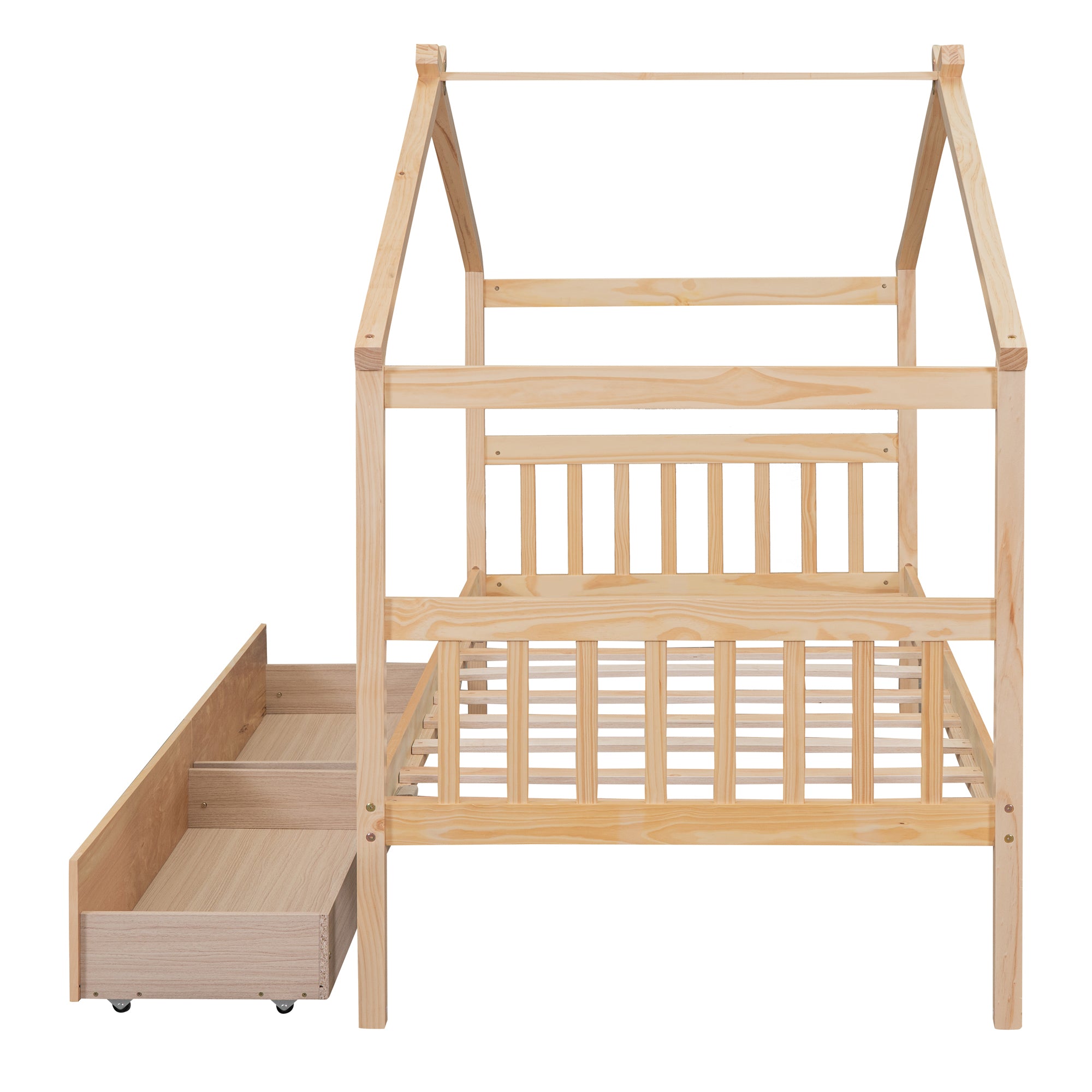 Twin Size Wooden House Bed with Drawers, Natural - Atlantic Fine Furniture Melbourne FL