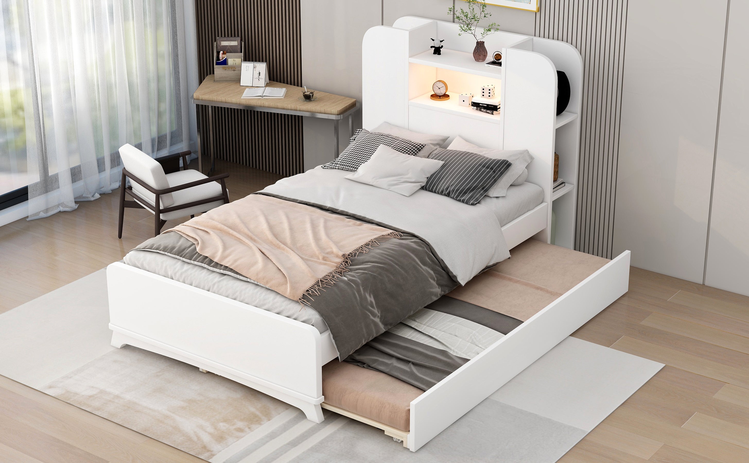 Twin Size Storage Platform Bed Frame with with Trundle and Light Strip Design in Headboard,White - Atlantic Fine Furniture Melbourne FL