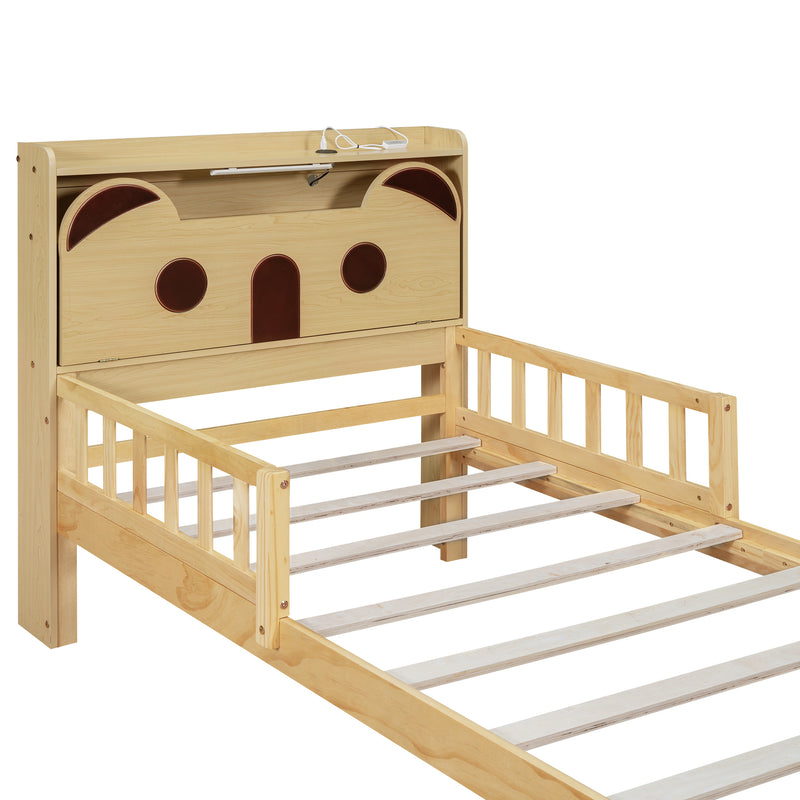 Twin Size Car Bed with Bear-Shaped Headboard, USB and LED, Natural