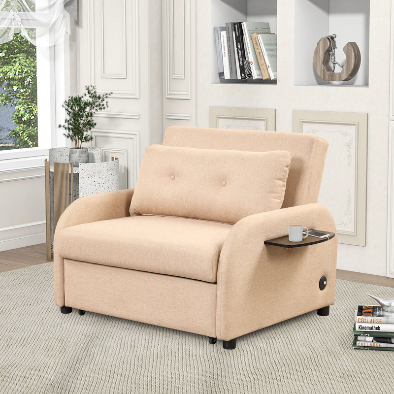 Pull Out Sofa Sleeper 3 In 1 With 2 Wing Table And USB Charge For Nap Line Fabric For Living Room Recreation Room