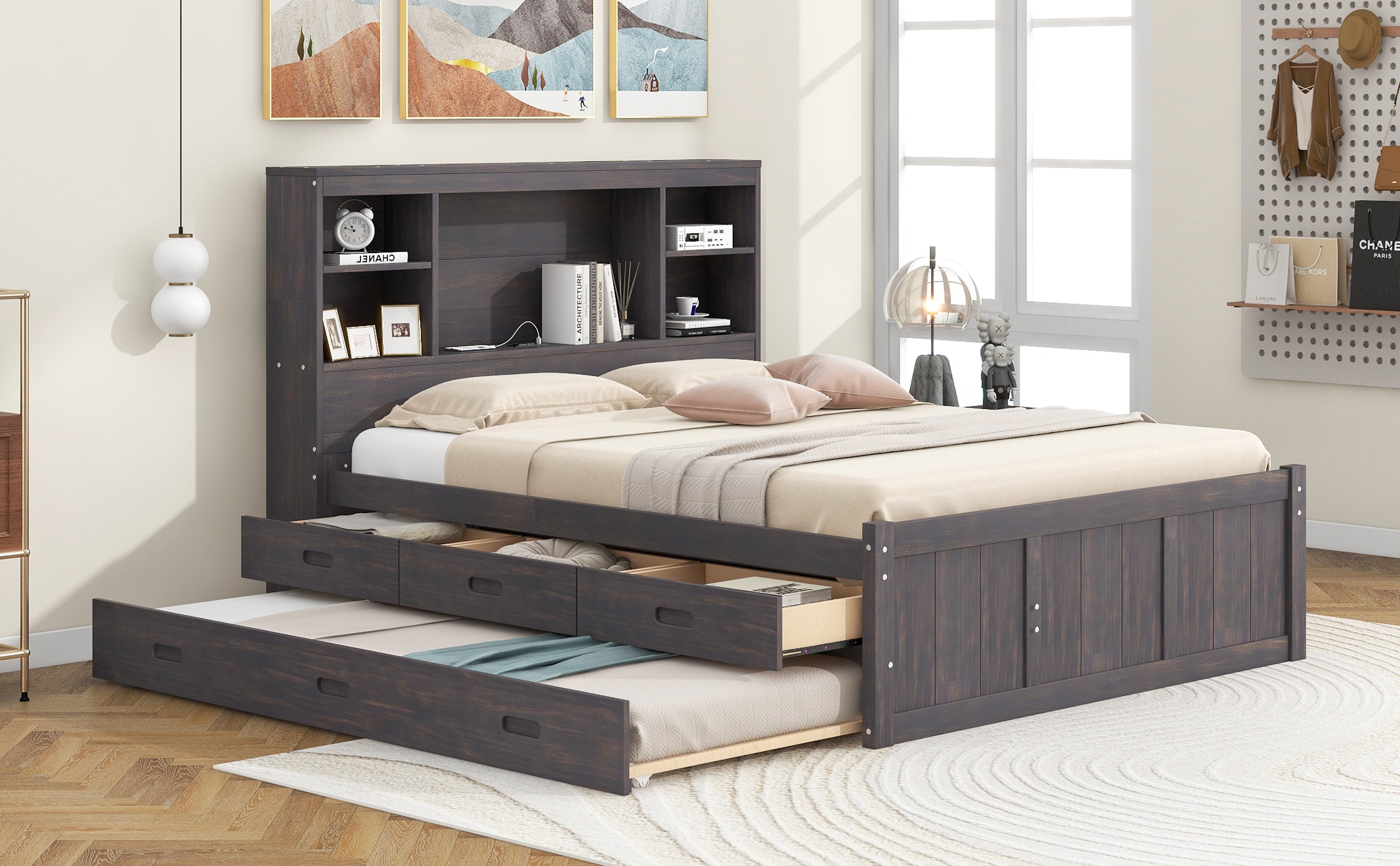 Full Size Platform Bed with Storage Headboard, Charging Station, Twin Size Trundle and 3 Drawers, Antique Brown