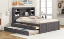 Full Size Platform Bed with Storage Headboard, Charging Station, Twin Size Trundle and 3 Drawers, Antique Brown
