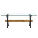 Elegant Tempered Glass Dining Table With X Shaped Metal Legs And Wood Grain Crossbeam - Black / Transparent