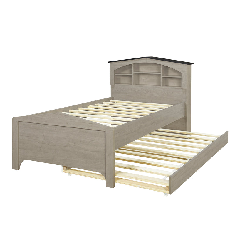 Twin Size Wood Platform Bed with House-shaped Storage Headboard and Trundle, Gray