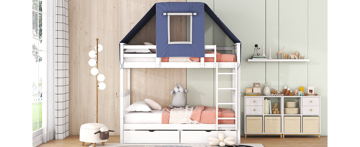 Twin Over Twin Bunk Bed Wood Bed with Tent and Drawers, White+Blue Tent - Atlantic Fine Furniture Melbourne FL