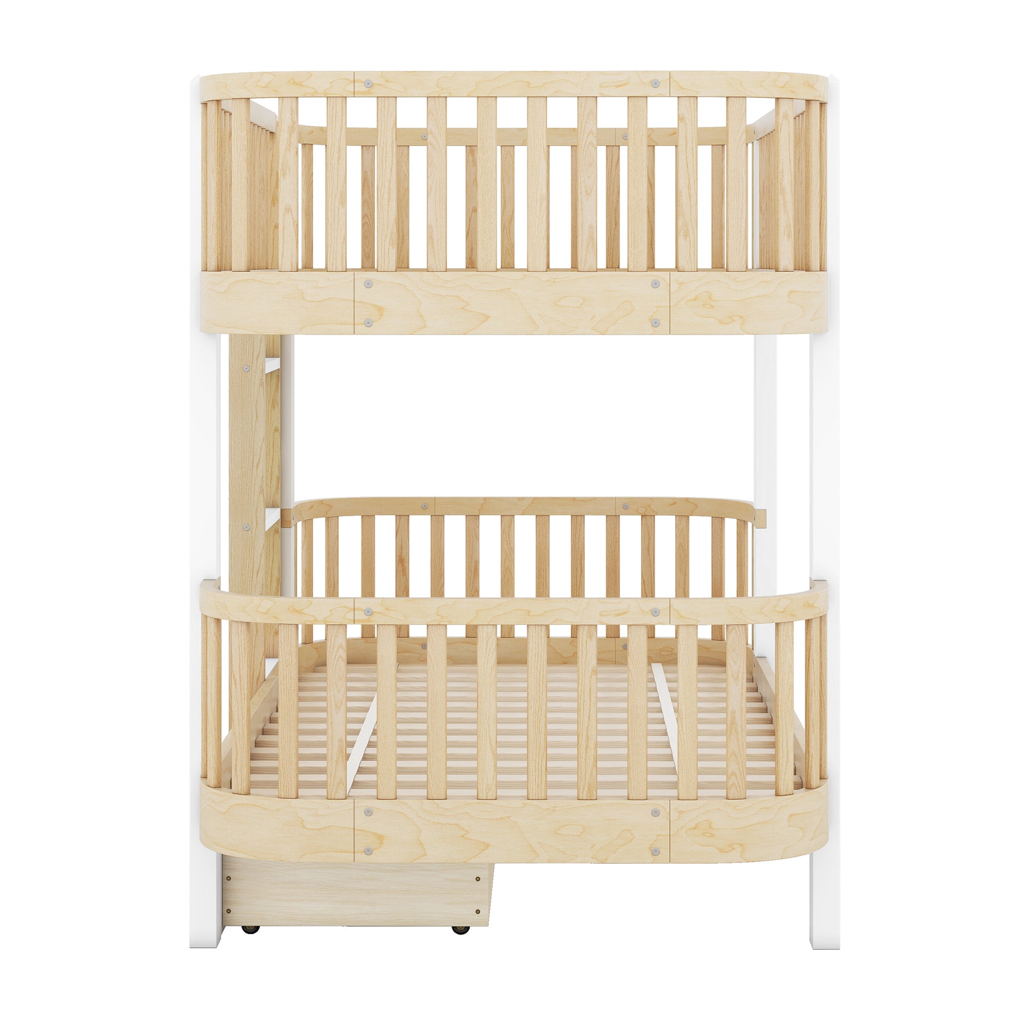Wood Twin over Twin Bunk Bed with Fence Guardrail and a Big Drawer, Natural White - Atlantic Fine Furniture Melbourne FL