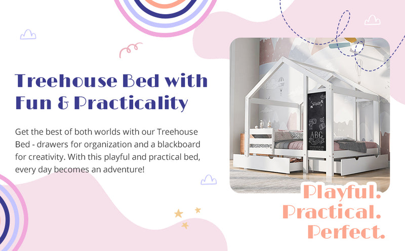 Full House Bed with Blackboard and Drawers, Two assembly options, White