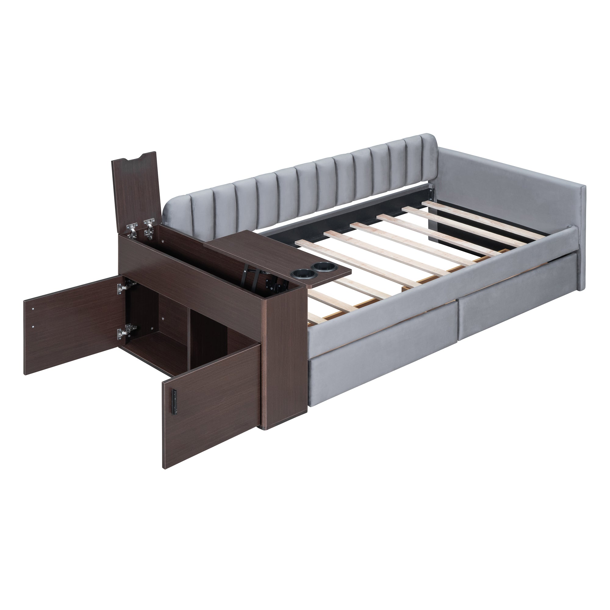 Twin Size Upholstered Daybed with Storage Armrest and 2 Drawers, Multi-functional Daybed with Cup Holder and a set of USB Ports and Sockets, Gray - Atlantic Fine Furniture Melbourne FL