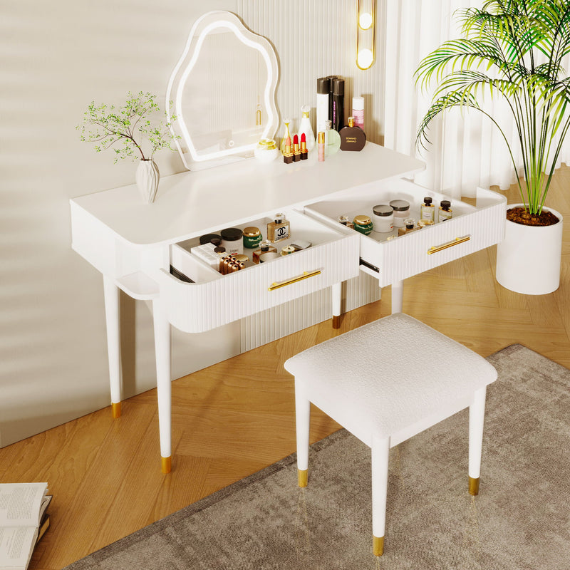 Modern Vanity Table Set With Mirror Touch Screen Lighted Mirror, Dressing Table And Cushioned Stool Set With 2 Large Drawers - White