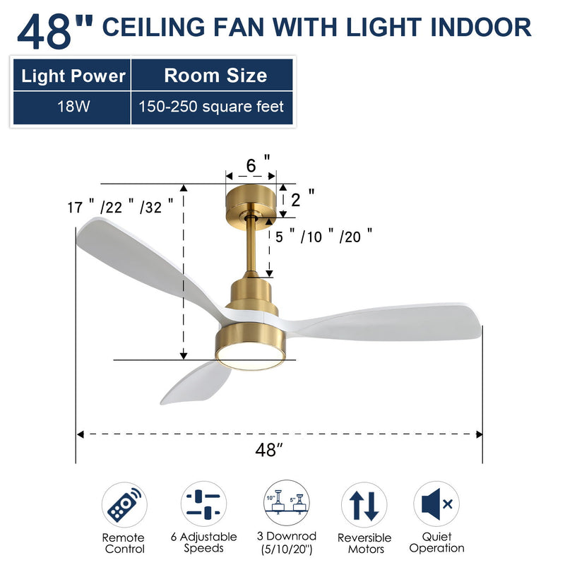 Wood Ceiling Fan With 3 Solid Wood Blades Remote Control Reversible Dc Motor For Living Room - Gold