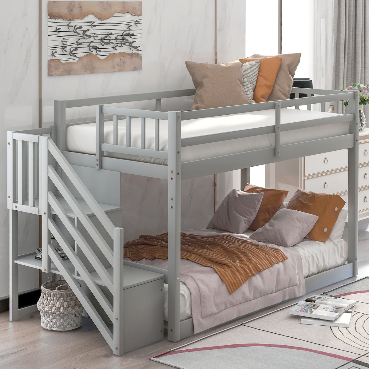 Twin Over Twin Floor Bunk Bed Ladder With Storage Atlantic Fine Furniture Inc