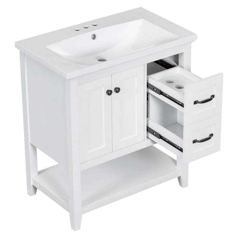 Bathroom Vanity With Ceramic Sink Top, Vanity Cabinet With Multi-Functional Drawer, Solid Wood Legs - White