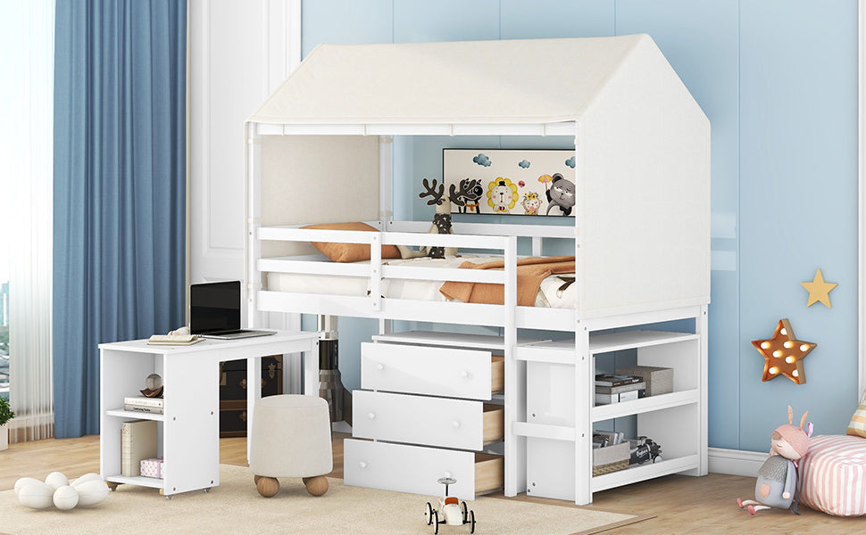 Twin Size Loft Bed with Rolling Cabinet, Shelf and Tent - White - Atlantic Fine Furniture Melbourne FL
