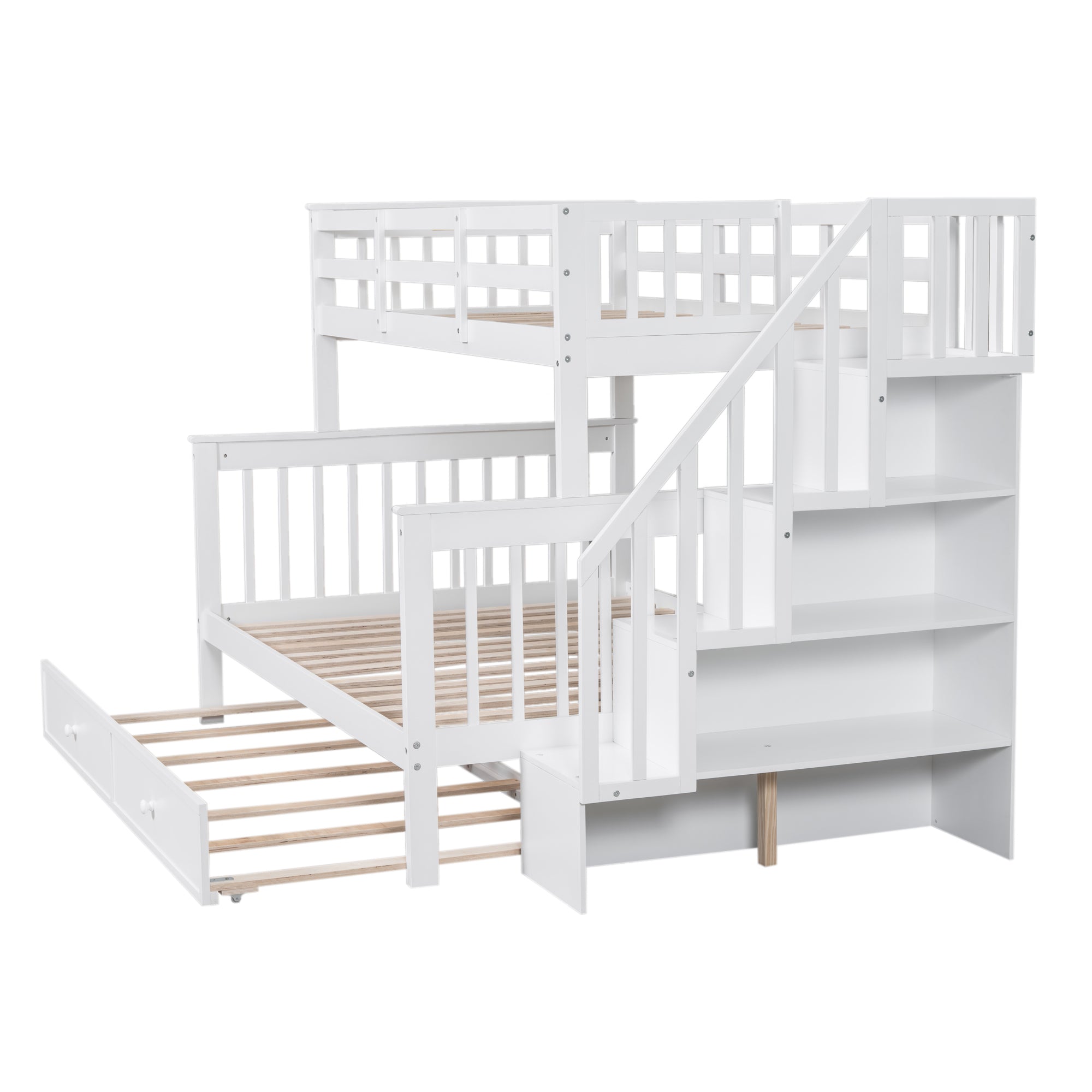 Twin-Over-Full Bunk Bed with Twin size Trundle, Storage and Guard Rail for Bedroom, Dorm, for Adults, White(OLD SKU :LT000119AAK) - Atlantic Fine Furniture Melbourne FL