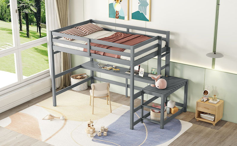 Loft Bed With Built-In Desk, Ladder Platform, Ladders, Guardrails