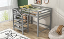 Full Size Loft Bed with Built-in Storage Staircase and Hanger for Clothes, Gray
