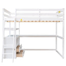Full Size Loft Bed with Desk and Shelves,Two Built-in Drawers,White
