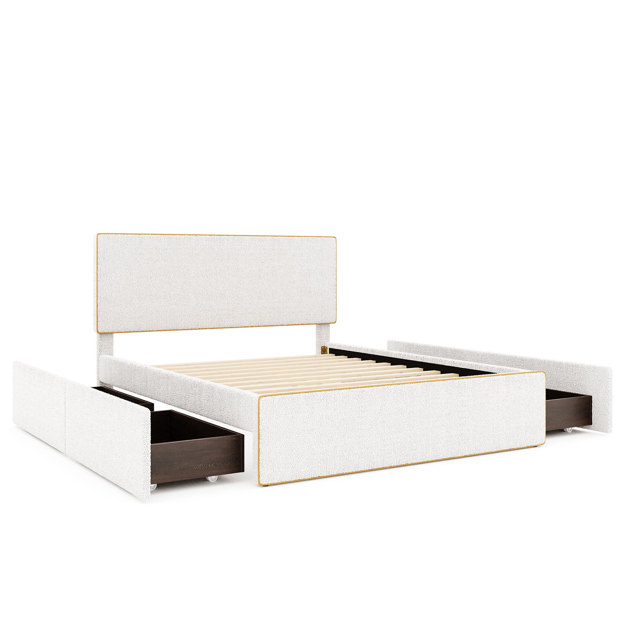 Full Size Upholstered Platform Bed with 4 Drawers and Golden Edge on the Headboard & Footboard, White - Atlantic Fine Furniture Melbourne FL