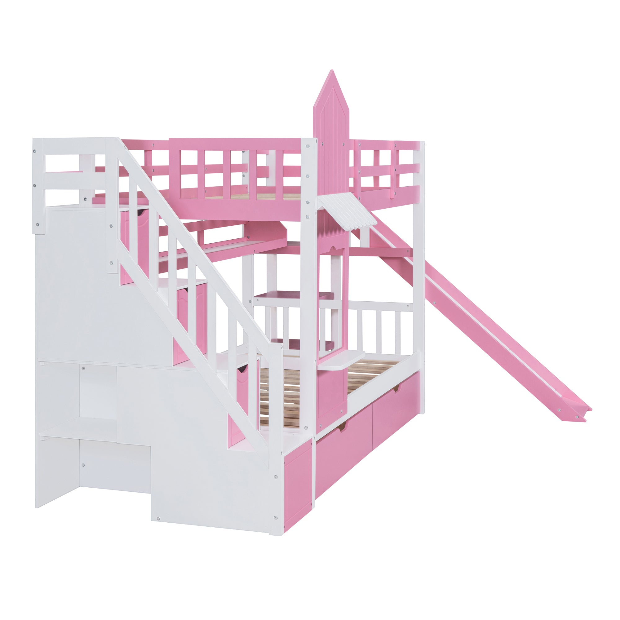 Twin-Over-Twin Castle Style Bunk Bed with 2 Drawers 3 Shelves and Slide - Pink - Atlantic Fine Furniture Melbourne FL